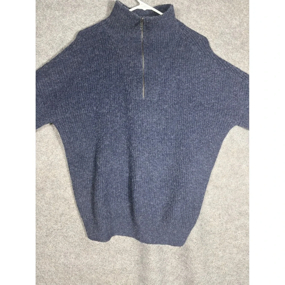 Modern Ambition Mens XL Quarter Zip Sweater Blue Merino Wool Blend Ribbed Knit‎